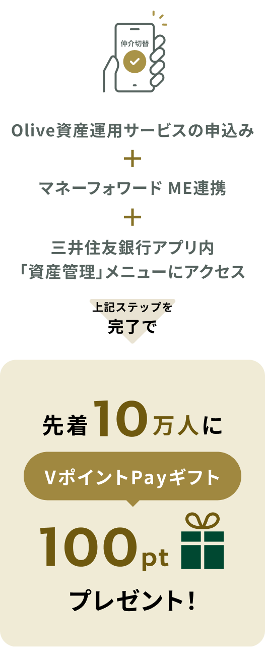 Olive資産運用サービスの申込み+マネーフォワード ME連携+三井住友銀行アプリ内「資産管理」メニューにアクセス 上記ステップを完了で先着10万人にVポイントPayギフト100ptプレゼント！