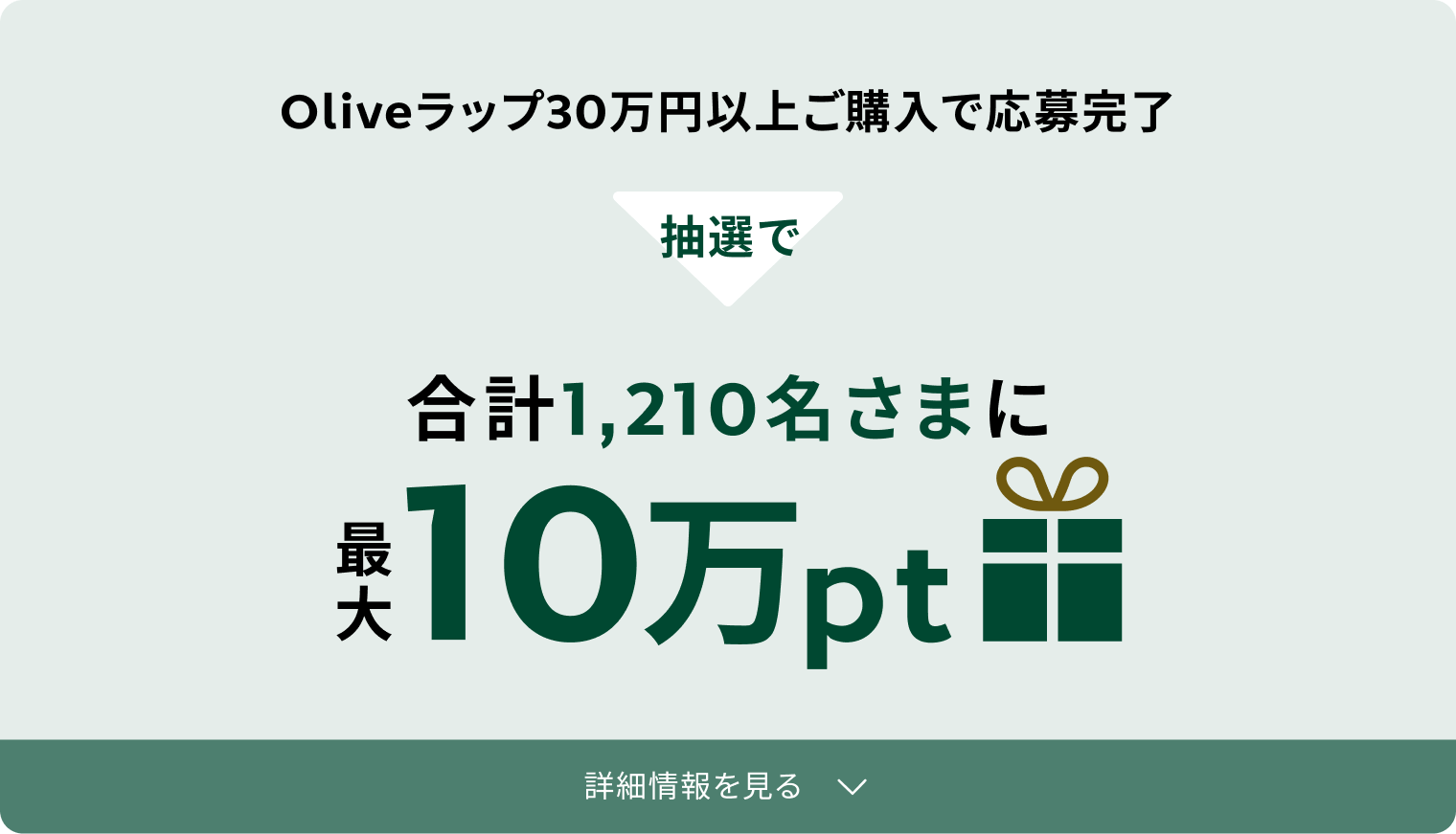 Oliveラップ30万円以上ご購入で応募完了 抽選で合計1,210名さまに最大10万pt 詳細情報を見る